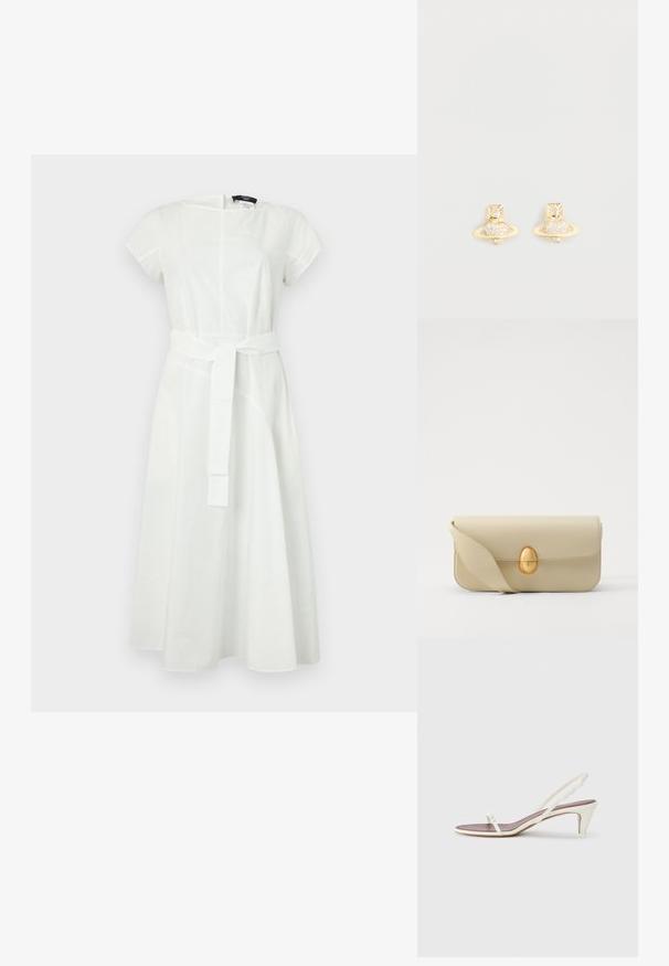 Valkoinen puuvillamekko, jossa on lyhyet hihat ja pyöreä pääntie. Mekossa on vyötäröllä vyö ja lohkeava hame saumaesittelyillä.; Valkoiset nilkkaketjulliset sandaalit, joissa on pieni korko, ohuet hihnat ja sileä nahkapinta; varustettu pienellä koristeellisella soljella.; Beige nahka käsilaukku, jossa on sileä pinta, suorakulmainen muoto ja kultainen soikea solki. Varustettu pitkällä, säädettävällä hihnalla.; Kultaiset nappikorvakorut, joissa on Saturnuksen muotoilu, teksturoitu rengas ja upotetut pyöreät kristallikivet tuomaan lisää kimallusta.