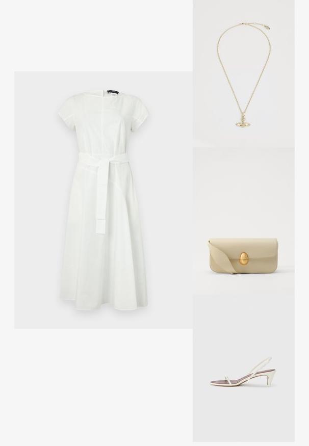 Fehér pamutruha rövid ujjakkal és kerek nyakkivágással. Övvel ellátott derékkal és folyó szoknyával rendelkezik, varrási részletekkel.; Fehér, pántos szandál enyhe sarokkal, vékony pántokkal és sima bőr textúrával; kis díszítő csattal rendelkezik.; Beige bőrtáska sima textúrával, téglalap alakban, arany ovális zárral. Hosszú, állítható pánttal rendelkezik.; Vivienne Westwood MAYFAIR BAS RELIEF PENDANT - Nyaklánc - gold-coloured