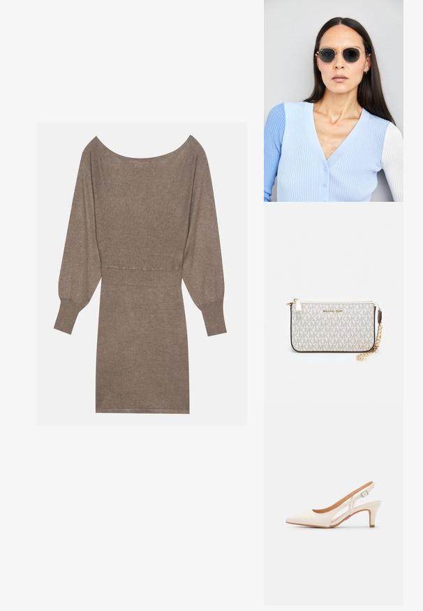 Braun gestricktes Kleid mit langen, puffigen Ärmeln und weitem Ausschnitt. Verfügt über einen gerippten Taillenbund und eine glatte, weiche Textur im gesamten Kleid.; Weiße Slingback-Absätze mit spitzer Zehenpartie, glattem Obermaterial, niedrigem Blockabsatz und seitlichem Ausschnitt-Design mit verstellbarem Schnallenriemen.; Runde Sonnenbrillen mit dunklen Gläsern und goldenen Rahmen. Das Modell trägt eine hellblaue, gerippte Strickjacke mit Knöpfen und weißen Kontrastärmeln.; Michael Kors Clutch in beige beschichtetem Canvas mit einem wiederholten MK-Logo-Muster, goldfarbener hardware und einem abnehmbaren Kettenriemen.