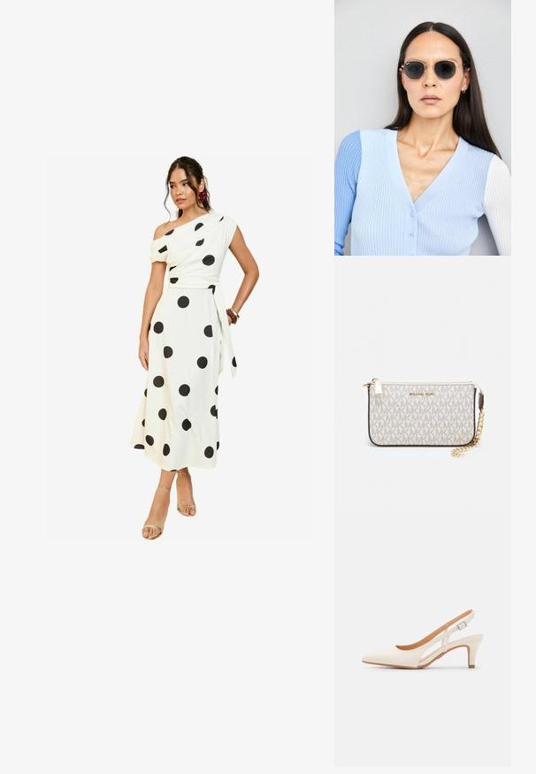 Bílá off-shoulder šaty s velkými černými puntíky, upnutým korzetem, splývavou sukní a detailem s vázáním v pase. Modelka má na sobě metalické sandály.; Bílé lodičky na podpatku s špicatou špičkou, hladkým svrškem, nízkým blokovým podpatkem a designem s bočním výřezem se stahovací sponou.; Kulaté sluneční brýle s tmavými čočkami a zlatými rámy. Modelka má na sobě světle modrý žebrovaný kardigan s knoflíky a kontrastními bílými rukávy.; Kabelka na zápěstí Michael Kors v béžové potažené plátno s opakujícím se vzorem loga MK, zlatými kovovými doplňky a odnímatelným řetízkovým popruhem.