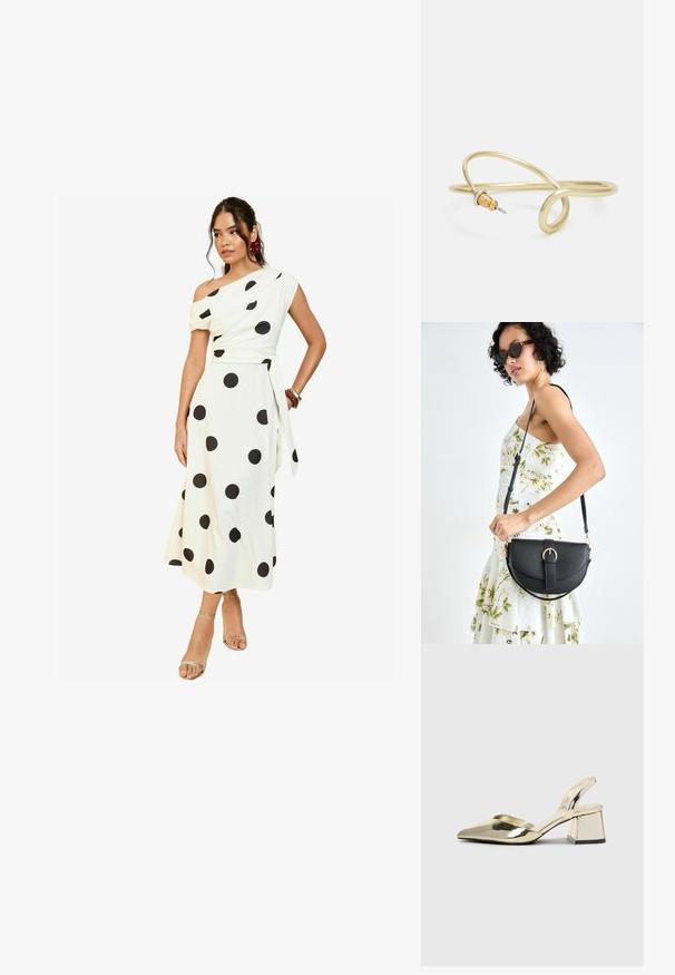 Bijela off-shoulder haljina s velikim crnim točkama, usklađeni korzet, lepršava suknja i vezanje u struku. Model nosi metalik sandale.; Zlatni metalik slingback sandali s šiljatim vrhom i debelim potpeticama. Glatka tekstura, minimalistički dizajn i uski remen.; Crna kožna torba s lukovitim oblikom, odvojivim remenom i zlatnim detaljima. Torba ima preklop s kopčom.; Zlatna metalna narukvica s fluidnim, zavojitim dizajnom. Sadrži mali, istaknuti srebrni akcent na jednom kraju.