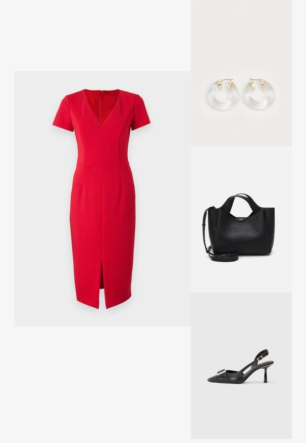 Punainen midi-mekko, jossa on lyhyet hihat, V-kaula-aukko ja etuleikkaus. Valmistettu sileästä kankaasta, jossa on sauman yksityiskohtia. Piilotettu takavetoketju.; Mustat nahkasaappaat, joissa on kärki, kapea korko ja kultasävyinen koriste etuosassa. Silkkinen pinta ja jämäkkä muotoilu.; Musta nahkalaukku, jossa on tekstuuripinta, kulmikas muoto, kaksinkertaiset kahvat ja säädettävä olkahihna. Mukana DKNY-logo korostus.; Läpinäkyvät akryylirenkaat kullansävyisillä metallikoristeilla ja kiiltävällä pinnalla. Ominaisuuksina sileä, ympyränmuotoinen muotoilu.