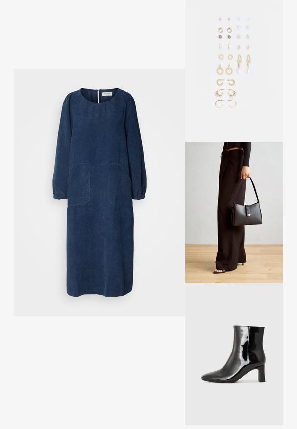 Rochie din catifea de culoare bleumarin, cu mâneci lungi și bufante, decolteu rotund, două buzunare frontale și o deschidere în formă de cheie la spate. Material moale, texturat.; Botine negre din piele lacuită, cu vârful ascuțit și toc bloc de înălțime medie. Textură netedă și design minimalist.; Genți negre cu o formă structurată, textură netedă și un închizător metalic. Asortată cu pantaloni negri largi și sandale cu vârf deschis pe un podea din lemn.; Set de cercei aurii, cu diverse designuri, inclusiv cercei tip stud, cercei hoop și cercei lungi cu perle și strassuri.