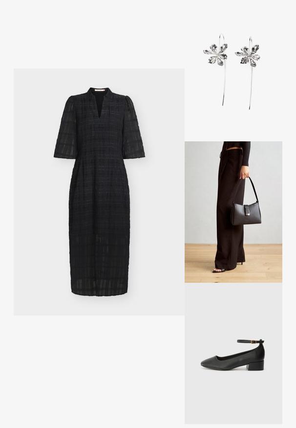 Juoda, iki kelių siekianti suknelė iš lengvos, tekstūruotos medžiagos su tinklo raštu, su trumpomis pūstomis rankovėmis ir iškirpta iškirpte.; Juodas odinis aukštakulnis batelis su smailiu pirštu ir žemu bloku. Su kulkšnies dirželiu su auksinės spalvos sagtimi. Lygus paviršius.; Juodas rankinė struktūrizuota forma, lygi tekstūra ir metalinis užsegimas. Suporuota su plačiomis juodomis kelnėmis ir atvirais bateliais ant medinių grindų.; Sidabrinės gėlių formos auskarai su tekstūruotu paviršiumi, turintys ilgas kabliuko formas ir žiedlapiams panašius detalizavimo elementus, sudarantys sudėtingą dizainą.