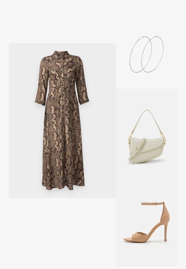 Dlouhé košilové šaty v hnědém a béžovém hadím vzoru, se límečkem a tříčtvrtečními rukávy. Měkká, strukturovaná tkanina.; ALDO CRERIDE PILLOW WALK - Páskové sandály - beige; Malá krémová kabelka s texturovaným povrchem, dlouhým nastavitelným popruhem, řetízkovým akcentem a klopou. Ozdobné detaily zlaté barvy.; Stříbrné kruhové náušnice s minimalistickým designem. Kruh, hladký povrch a tenký profil. Lehká konstrukce s lesklým povrchem.