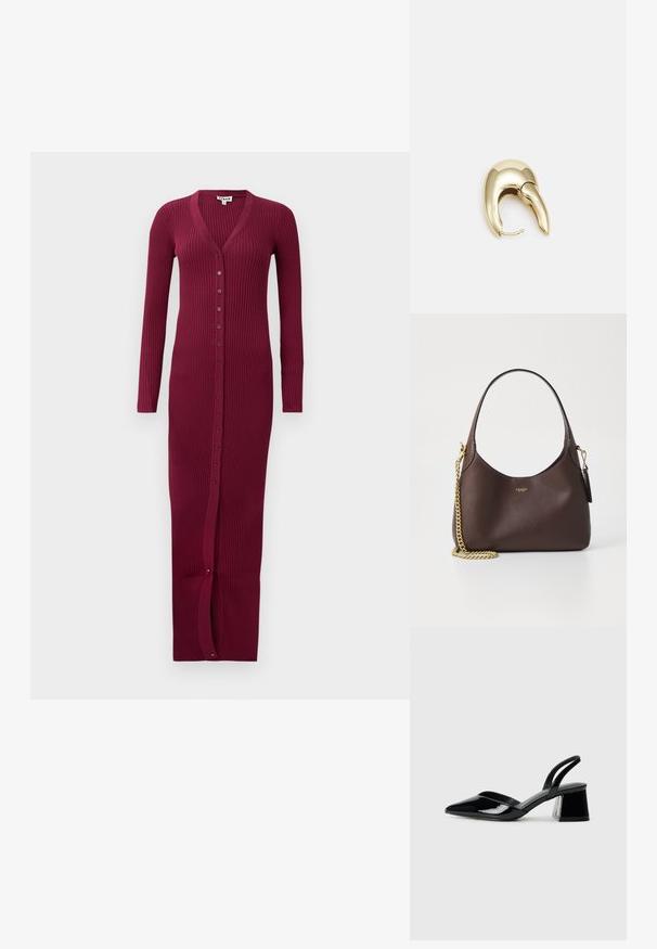 Burgundin ribbattu pitkä neuletakki, jossa on V-pääntie, täyspitkät hihat ja etunappilukitus. Sisältää halkion helmassa liikkumista varten.; Mustat patentoitu nahkakengät, joissa on säären takaosa ja terävä kärki, sekä geometrinen palikkakorko. Sisältää tyylikkään, minimalistisen muotoilun ja sileän pinnan.; COACH BROOKLYN SHOULDER BAG 23 - Käsilaukku - maple; Kultahipuinen korvakoru, jossa on sulavalinjainen, kaareva muotoilu. Ominaisuuksiin kuuluu erottuva terävä muoto, kiillotettu pinta ja sarana kiinnitys.