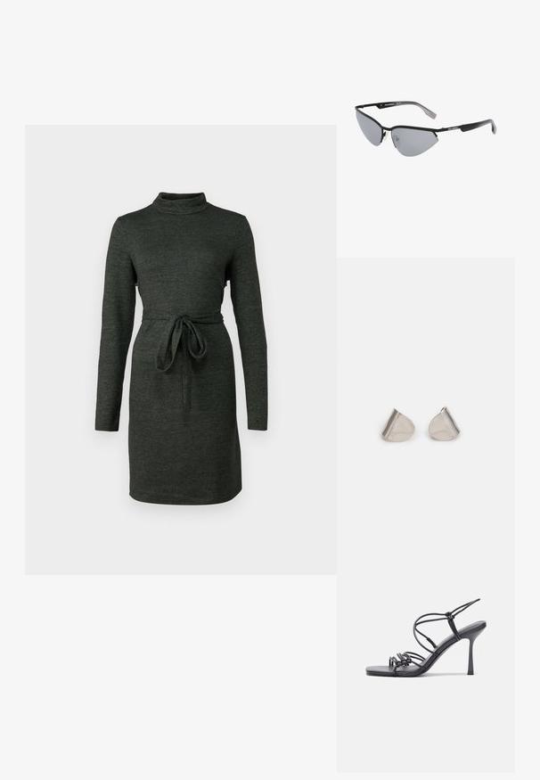 Tume roheline, pikaga varrukaga kleit, millel on vale kõrge kaelus ja vöökoht. Pehme, tekstuuriga kangas, mis istub sünge siluetiga ja ulatub põlvedeni.; Mustad musta värvi kontsandaalid on varustatud peente rihmadega, millel on sõlmekujundus, siledad ruudukujulised varbad ja stiilne stilettokonts.; Mustad musta värvi päikeseprillid nurkse, kassisilma disainiga. Hõbedased peegeldavad läätsed. Ülimalt kerged plastikraamid, millel on templites peen bränding.; Hõbedased metallkõrvarõngad sujuva pisarakuju ja poleeritud viimistlusega. Diskreetne graveering lisab detaile. Minimalistlik disain.