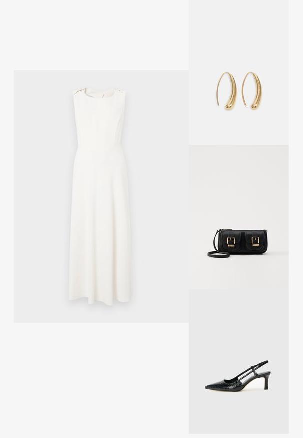 Abito bianco senza maniche con un corpetto aderente e una gonna a campana. Presenta un collo tondo e sottili dettagli sulle spalle. Texture liscia.; Slingback con tacco in vernice nera con punta affusolata, caratterizzato da una stampa a serpente testurizzata, cinturino regolabile e un tacco corto e testurizzato.; Borsa a tracolla nera in pelle con due tasche frontali, fibbie dorate, chiusura con zip e una tracolla sottile. Superficie texturizzata e forma rettangolare compatta.; Orecchini a cerchio in metallo color oro con forma curva ed allungata. Presentano una superficie liscia e lucida e una punta arrotondata per un tocco di dettaglio in più.