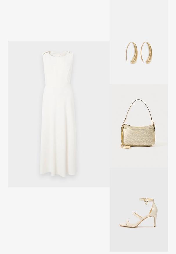 Bijela haljina bez rukava s prilagođenim gornjim dijelom i raširenom suknjom. Ima okrugli izrez i suptilne naglaske na ramenima. Glatka tekstura.; Bež sandale na visoku petu s tankim remenom oko gležnja i dva gornja remena. Sjajan lakirani završetak i detalj zlatne boje na remenu oko gležnja.; Torba z zlatnim teksturom s glatkim kožnim remenom, koja ima zatvaranje na patentni zatvarač i suptilan uzorak logotipa otisnut na površini.; Zlatne metalne naušnice u obliku obruča s zakrivljenim, izduženim oblikom. Imaju glatku, sjajnu površinu i zaobljeni vrh za dodatni detalj.