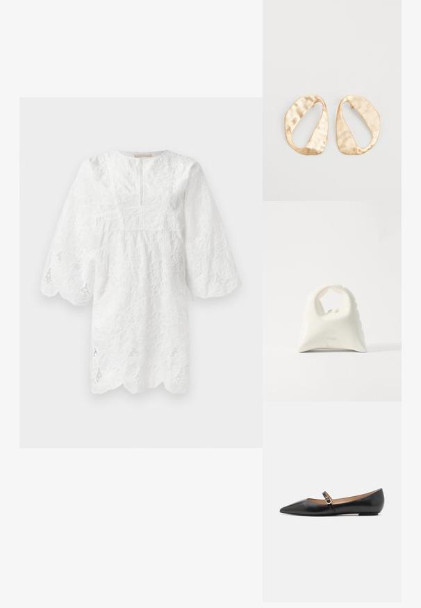Abito bianco in pizzo con maniche a tre quarti, orlo a scallop e ricami floreali su tutta la superficie. Presenta un collo rotondo e una texture delicata.; Ballerine in pelle nera con punta affusolata e una cinturino laterale con un accento circolare dorato. Leggere e con suola piatta.; Borsa bianca con un design curvo e texture. Presenta un manico prominente e un fondo arrotondato, con una finitura liscia e hardware minimale.; Un paio di orecchini in metallo di tonalità dorata, di forma ovale irregolare, con superficie texturizzata e leggermente martellata, su uno sfondo bianco.