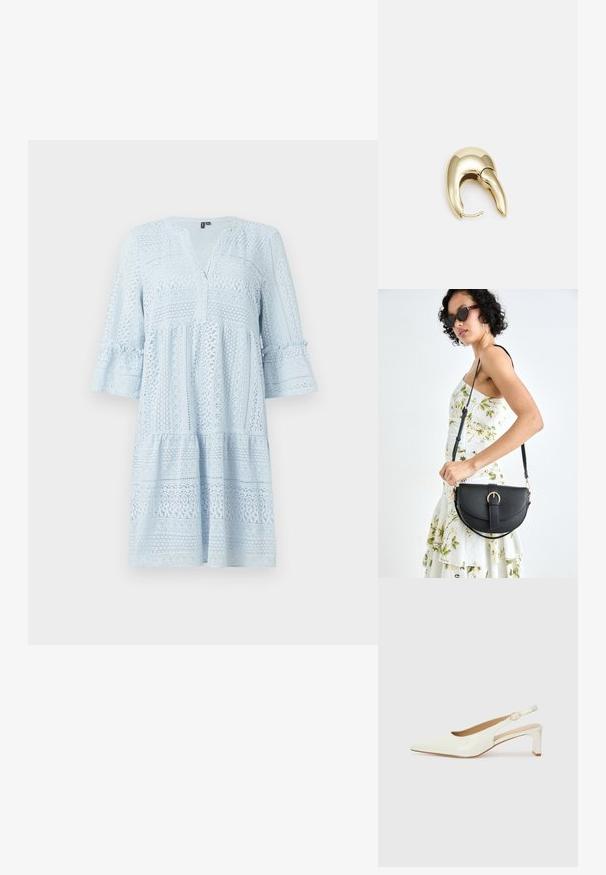 Valkoinen pitsimekko, jossa on V-kaula-aukko, kolmannen osaston kellotetut hihat ja kerroksellinen siluetti, joka esittelee monimutkaisia kuvioita ja tekstuureja.; Valkoinen patenttilahja slingback-kengä, jossa on terävä kärki ja matala lohkokorko. Varustettu huomaamattomalla hihnalla, jossa on kultasävyinen solkiyksityiskohta.; Musta nahkainen käsilaukku, joka on kaareva muotoilultaan, irrotettavalla hihnalla ja kultaisilla yksityiskohdilla. Laukussa on läppä, jossa on solk yksityiskohta.; Kultahipuinen korvakoru, jossa on sulavalinjainen, kaareva muotoilu. Ominaisuuksiin kuuluu erottuva terävä muoto, kiillotettu pinta ja sarana kiinnitys.