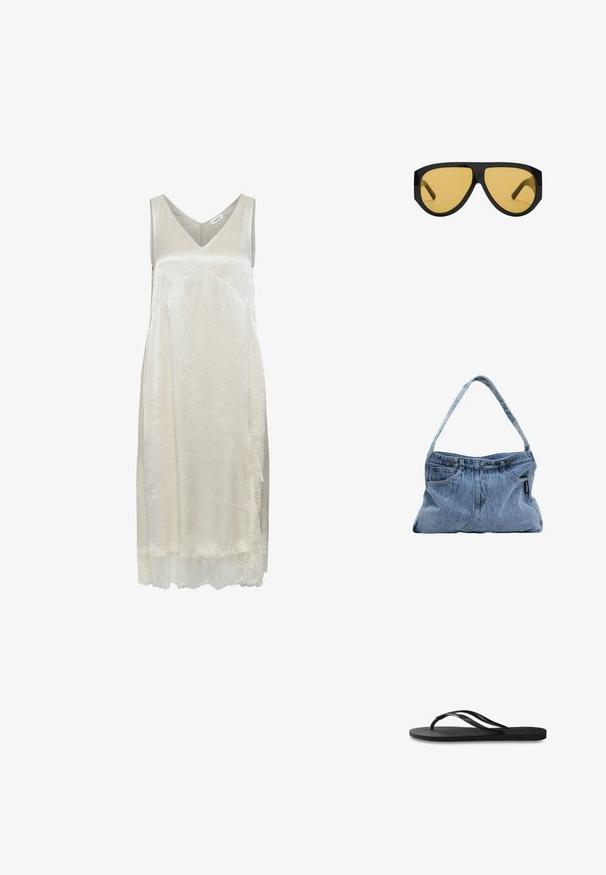 Robe sans manches beige clair en matière soyeuse, dotée d'un décolleté en V, d'une texture subtile et d'une délicate bordure en dentelle au niveau de l'ourlet.; Tongs noires avec une semelle en caoutchouc texturée, deux fines lanières et un détail de logo embossé subtil sur la lanière.; Lunettes de soleil avec une monture en plastique noir élégant et des verres teintés jaunes, dotées d'une forme angulaire distincte et de branches larges pour une meilleure protection.; Sac à épaule en denim avec une bandoulière courbée, deux poches avant et un dessus à bouton, comprenant un tissu bleu clair et des détails de couture contrastés.
