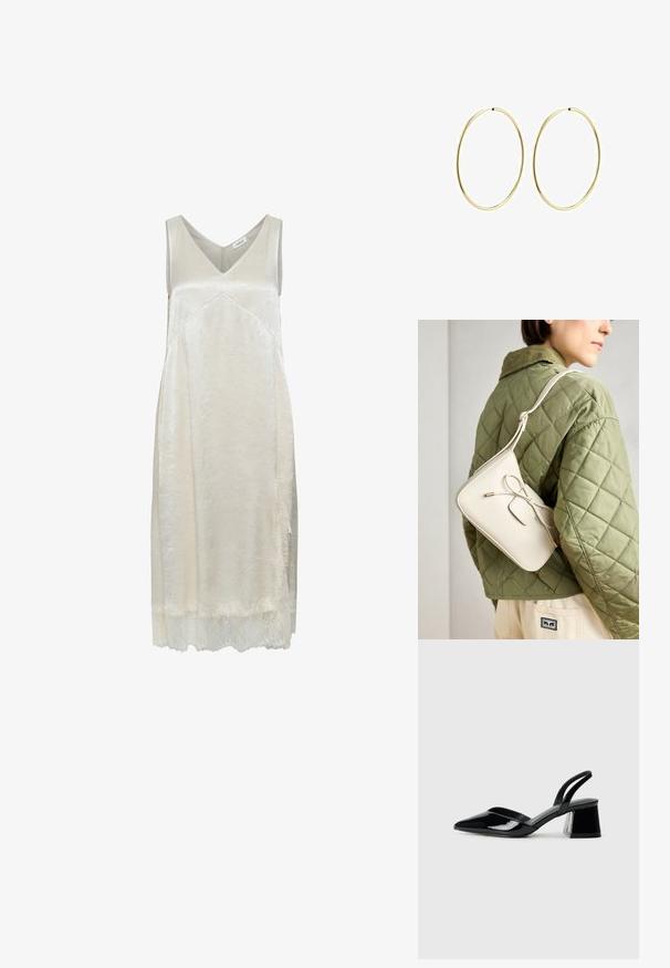 Vaaleanbeige ilmanhihaista mekkoa, joka on valmistettu silkkimäisestä materiaalista. Mekossa on V-pääntie, hienovarainen rakenne ja herkkä pitsireunus helmassa.; Mustat patentoitu nahkakengät, joissa on säären takaosa ja terävä kärki, sekä geometrinen palikkakorko. Sisältää tyylikkään, minimalistisen muotoilun ja sileän pinnan.; Beige nahka-olkalaukku, jossa on nauhakiinnitys, kultaiset yksityiskohdat ja yksi säädettävä hihna, joka on puettu vihreän tikatun takin päälle.; Kultaiset rengaskorvakorut, joissa on sileä ja pyöristetty muotoilu. Ohuet ja kevyet, sisältäen jatkuvan lenkin ilman mitään koristeita.