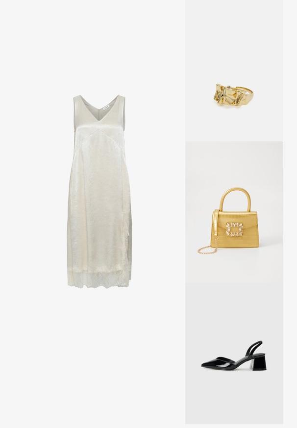 Light beige sleeveless dress in a silky material, featuring a V-neck, subtle texture, and delicate lace trim at the hemline.; Black patent leather slingback heels with a pointed toe and a geometric block heel. Features a sleek, minimal design and smooth texture.; Yellow faux-crocodile handbag with a structured design, top handle, detachable chain strap, and decorative crystal embellishment on the clasp.; Gold ring with textured, wavy design featuring three prominent peaks. Smooth, shiny surface with an open band for adjustable fit.
