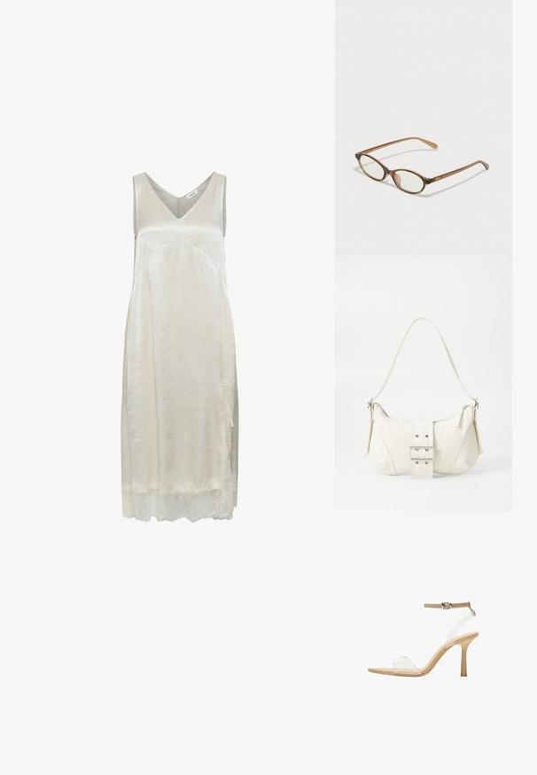 Helles beiges ärmelloses Kleid aus einem seidenartigen Material, mit V-Ausschnitt, subtiler Textur und zarter Spitze am Saum.; Durchsichtige Sandale mit transparentem Obermaterial, beigem Fußbett und einem schlanken Knöchelriemen. Sie hat eine spitz zulaufende Zehenpartie und einen dünnen, hohen Absatz.; Braune Schildpatt-Brille mit ovalen Gläsern, dünnen Bügeln und transparenten Akzenten. Verfügt über ein dezentes Logo am Bügel. Elegantes, leichtes Design.; Weiße Schultertasche mit texturierter Oberfläche, zentralem Schnallenakzent und geschwungener Form. Reißverschluss an beiden Seiten.