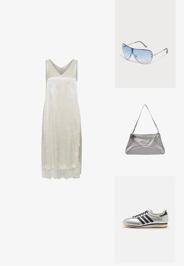 Robe sans manches beige clair en matière soyeuse, dotée d'un décolleté en V, d'une texture subtile et d'une délicate bordure en dentelle au niveau de l'ourlet.; adidas Originals SL 72 OG - Baskets basses - silver metallic/core black/off white; Lunettes de soleil aviateur avec des verres dégradés bleus, une monture en métal argenté et des accents décoratifs en forme d'étoile sur les verres. Design lisse et élégant.; Anna Field 2 PACK - Foulard - dark blue/pink; Sac à main en métal argenté avec un design structuré et élégant, présentant un corps texturé, une bandoulière et un accent avec un logo en relief.; Boucles d'oreilles en argent, avec une finition lisse et polie. Forme ronde, design léger, avec un mécanisme de fermeture sécurisé.