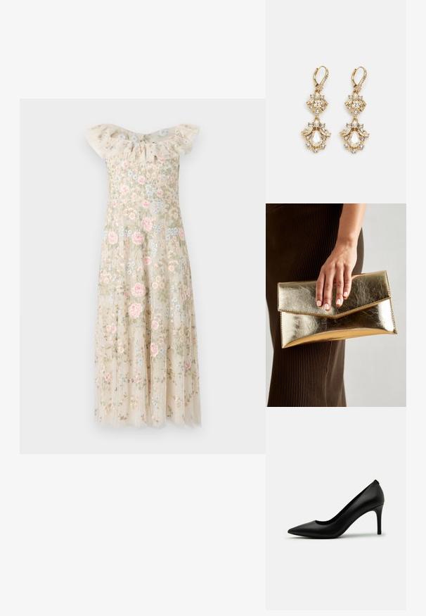 Izšūta kleita ar viļņotu plecus atstājošu dekoltē. Beigē krāsas audums, kas rotāts ar rozā un zila ziedu rakstiem, ar plūstošu svārku.; Melnas augstpapēžu kurpes no gludas ādas, ar smailu purngalu un šauru stiletto papēdi. Minimālistisks dizains bez redzamām rotājumiem.; Zelta metalizēta sajūga soma ar gludu tekstūru, kuru rotā trīsstūrveida vāks. Rokai, kas to tur, ir kārtīgi apgriezti nagi.; Zelta krāsas karājošās auskari ar klastera dizainu, kas rotāti ar apaļiem un asaru formas caurspīdīgiem kristāliem, izceļot izsmalcinātu ornamentāciju.