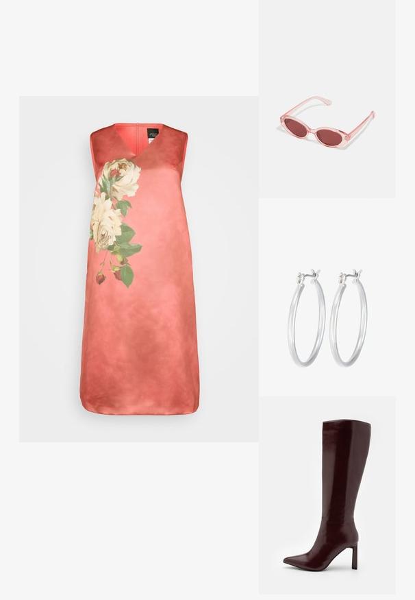 Korálové bezrukávové šaty s výstrihom do V, pričom na ľavej strane majú veľký kvetinový vzor z krémových ruží a zelených listov, hladká textúra.; Even&Odd Čižmy - dark red; Ružové priehľadné slnečné okuliare s oválnymi šošovkami, tmavočerveným tónovaním a štíhlymi ramenami, so hladkým povrchom a jemnými detailmi na ráme.; Strieborné kruhové náušnice s hladkým, lesklým povrchom. Kolový tvar a bezpečné klikanie na uzatváranie. Ľahký dizajn vhodný na každodenné nosenie.
