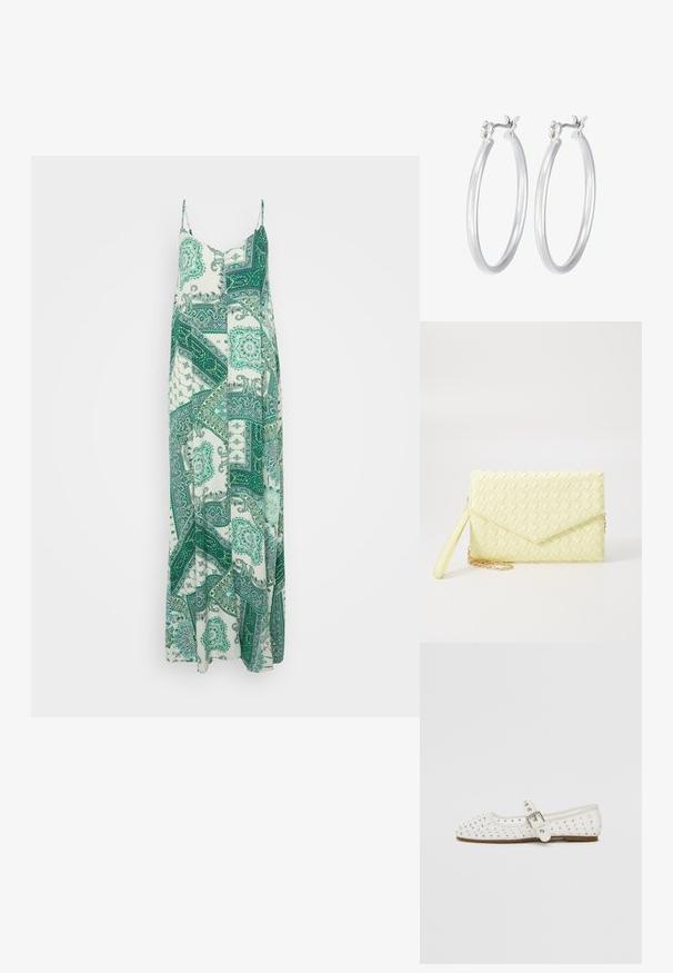 Długa, bezrękawna sukienka w biało-zielony wzór paisley. Wykonana z lekkiego materiału, charakteryzuje się luźnym krojem i regulowanymi ramiączkami.; Białe płaskie buty z ostro zakończonym noskiem, ozdobione srebrnymi ćwiekami, posiadają pasek z klamrą wzdłuż podbicia i jasnobrązową podeszwę.; Żółty pleciony portfel kopertowy z klapką, odczepianym paskiem na nadgarstek i złotym akcentem łańcuszka. Gładka tekstura i prostokątny kształt.; Srebrne kolczyki w formie kółek o gładkim, polerowanym wykończeniu. O okrągłym kształcie i pewnym zapięciu na klik. Lekka konstrukcja odpowiednia do codziennego noszenia.