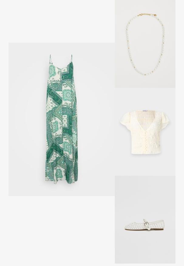 Ilga, be rankovių suknelė balta ir žalia, papuošta paisley raštu. Pagaminta iš lengvos medžiagos, turi laisvą siluetą ir reguliuojamas petnešas.; Kreminės spalvos trumpomis rankovėmis palaidinė su raukiniais, V formos iškirpte ir mygtukų užsegimu. Lengvas audinys su subtiliomis pūsto tipo rankovėmis.; Balti plokšti batai su smailiu nosiu, puošti sidabrinėmis smeigėmis, turi sagtį per pėdos vidurį ir šviesiai rudą padą.; Perlų kaklo papuošalas, sudarytas iš pakaitomis baltų ovalių perlų ir mažų auksinių karoliukų, su auksiniu sagtimi užsegimui. Bendras paviršius yra lygus.