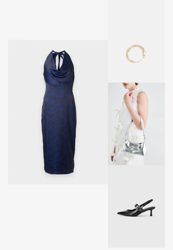 Mornarsko plava halter haljina napravljena od satena s nabranim izrezom i cvjetnim uzorkom, s vezanjem na leđima i prilagođenim siluetom.; Crne lakirane slingback potpetice s oštrim prstom i malom blok petom, s naglaskom na srebrnoj kopči na remenu.; Srebrna metalik torbica sa strukturiranim oblikom, s gornjom drškom i detaljem mašne sprijeda. Glatka tekstura, reflektirajući finiš.; Prsten u zlatnoj nijansi s organskim, uvijenim dizajnom, glatkom teksturom i suženim krajevima, koji stvara moderan, skulpturalni izgled.