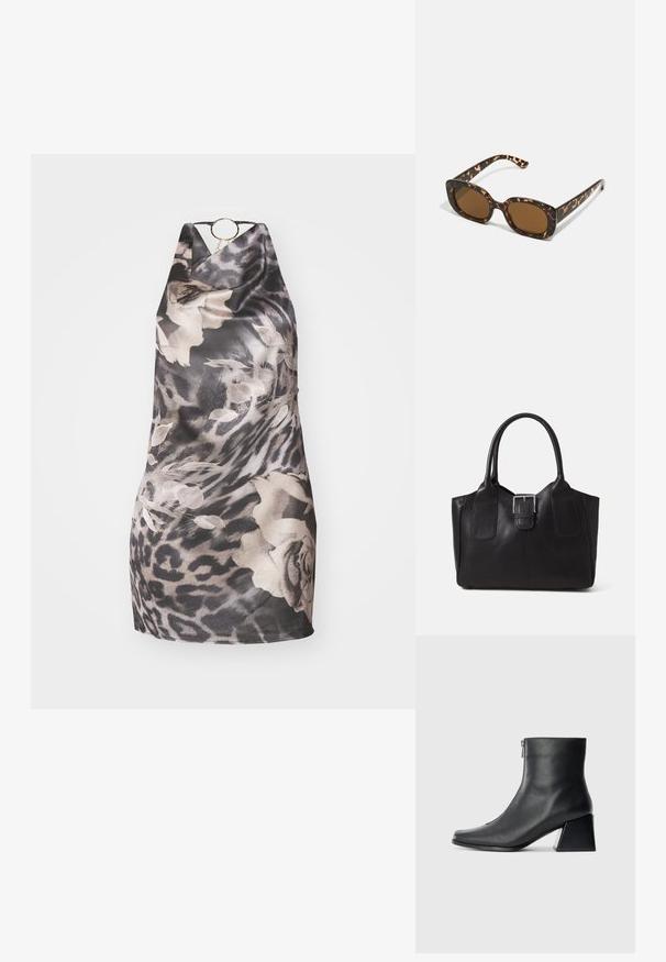 Black and grey patterned halter dress with floral and leopard print, features a circular gold accent at the neckline and a soft, smooth texture.; Black leather ankle boot with square toe, side zipper, and block heel against plain light background.; Tortoiseshell sunglasses with a rounded, chunky frame and brown lenses. Features subtle patterns and straight, tapered arms.; Black leather tote bag with smooth texture, structured shape, two handles, and a prominent silver buckle detail on the front.