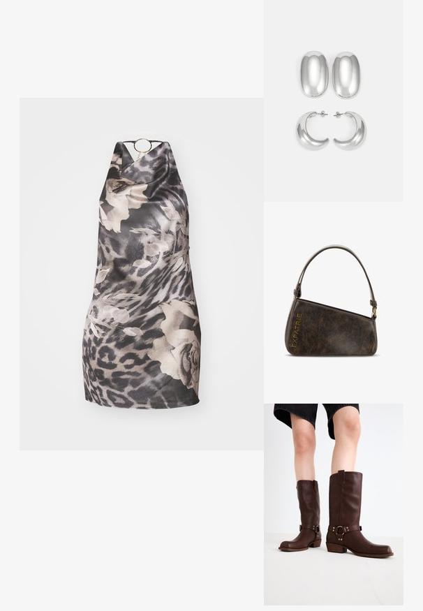 Czarna i szara sukienka na ramiączkach w kwiatowy i lampartowy wzór, z okrąłym złotym akcentem przy dekolcie oraz miękką, gładką teksturą.; Brązowe skórzane kozaki do kolan z okrągłym noskiem, teksturowaną powierzchnią, paskiem w okolicy kostki i srebrnymi detalami; na platformie.; Brązowa torebka z sztucznej skóry o kanciastym wzornictwie, z krótkim uchwytem, brązowym wykończeniem i wytłoczonym napisem "EXPATRIE" w złotym kolorze.; Zestaw srebrnych kolczyków: dwa owalne wkręty i dwa półokrągłe kolczyki w kształcie księżyca, z błyszczącym, gładkim wykończeniem i zaokrąglonym kształtem.