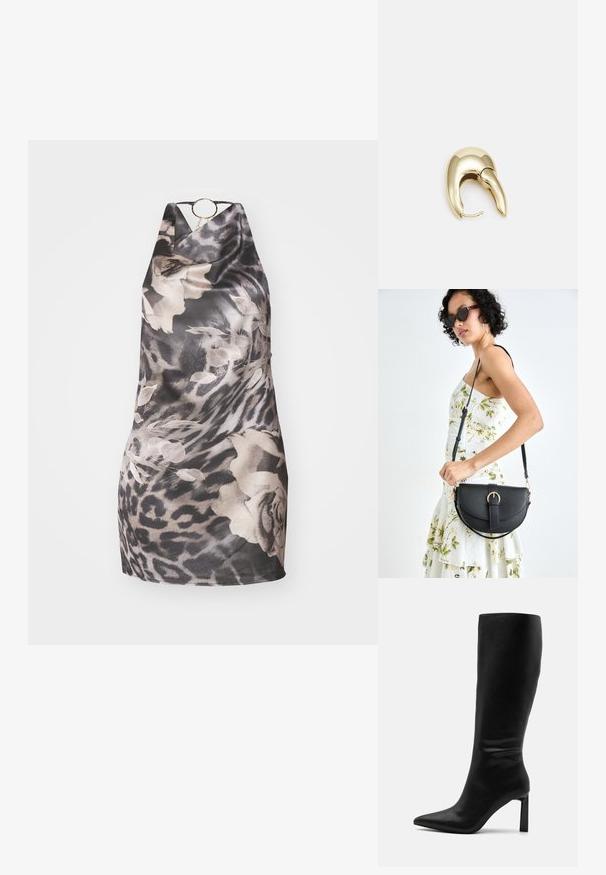 Black and grey patterned halter dress with floral and leopard print, features a circular gold accent at the neckline and a soft, smooth texture.; Even&Odd Boots - black; Black leather handbag with a curved shape, detachable strap, and gold hardware. The bag features a flap with a buckle detail.; Gold-tone metal earring with a sleek, curved design. Features a distinctive pointed shape, polished surface, and hinge closure.