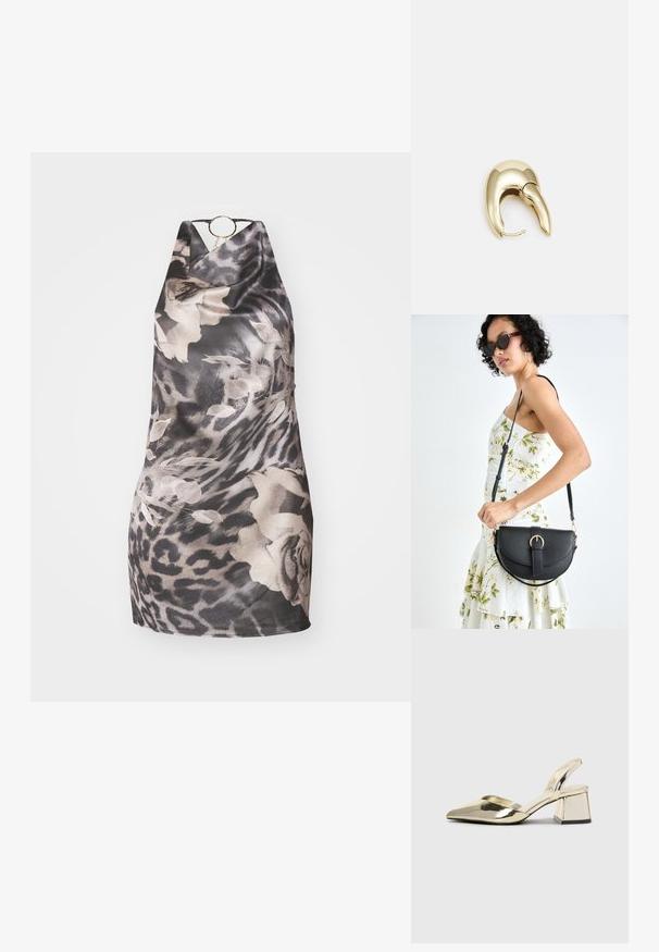 Mustmustri valge ja halliga mustritega kaelusega kleit, millel on lille- ja leopardimuster, ning kaeluse juures ümmargune kuldne aksessuaar. Kleit on pehme ja sileda tekstuuriga.; Kuldne, metallilised slingback-kudumid terava varba ja paksu kontsaga. Sile tekstuur, minimalistlik disain ja kitsas rihm.; Mustmust mustraha kõverate joontega, eemaldatava rihmaga ja kuldsete detailidega. Kotil on klapp, millel on pandladetail.; Kuldtooni metallist kõrvarõngas, millel on elegantne ja kaarjas disain. Omab silmapaistvat teravat kuju, poleeritud pinda ja hingesulgemist.