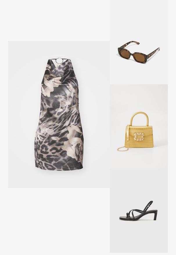 Black and grey patterned halter dress with floral and leopard print, features a circular gold accent at the neckline and a soft, smooth texture.; Black strappy sandal with a square toe and a low block heel. Features multiple thin straps and an adjustable ankle strap. Made of smooth leather.; Tortoiseshell sunglasses with a rounded, chunky frame and brown lenses. Features subtle patterns and straight, tapered arms.; Yellow faux-crocodile handbag with a structured design, top handle, detachable chain strap, and decorative crystal embellishment on the clasp.