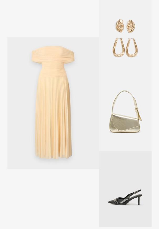 Schulterfreies, plissiertes Kleid aus leichtem Pfirsichstoff. Sanfter Oberteil wandelt sich in fließende Falten und schafft eine weiche Silhouette.; Schwarzer Lackleder Slingback-Schuh mit spitzem Zehenbereich, Knöchelriemen mit silbernen Schnallen und Beschlägen sowie einem schlanken Absatz.; Goldfarbene metallische Handtasche mit strukturiertem Design, glatter Textur und verstellbarem Tragegurt. Sie verfügt über eine einzigartige dreieckige Form und minimalistische Nähte.; Ohrringe in Goldoptik mit strukturierten, gewellten Formen. Beinhaltet skulpturale Clip-Ohrringe und ein offenes Hoop-Design mit gehämmertem Finish.