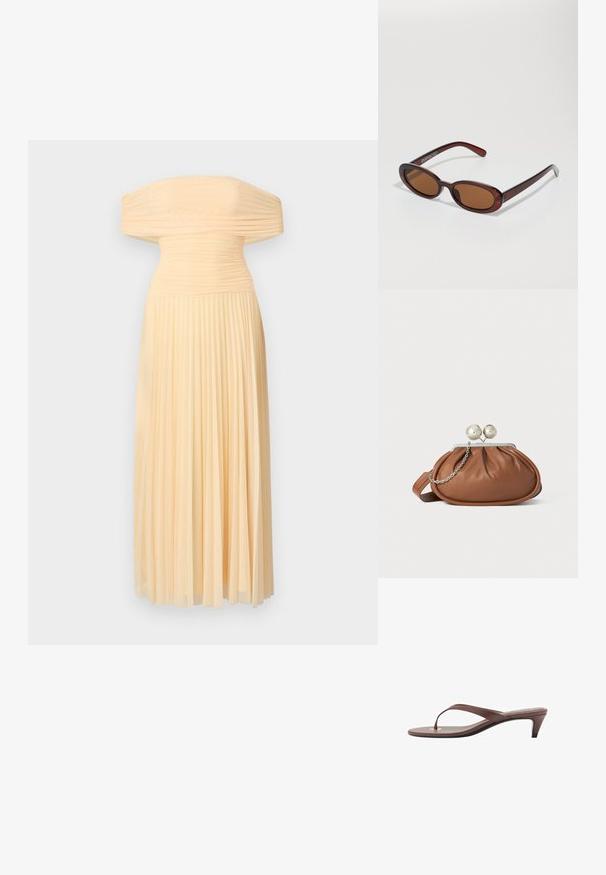 Off-the-shoulder, pleated dress in light peach fabric. Smooth bodice transitions to flowing pleats, creating a soft silhouette.; Brown heeled flip-flop sandal with a slender strap and rounded toe post, featuring a small gold accent on the footbed.; Round, brown-tinted sunglasses with a glossy burgundy frame. Slim arms with subtle branding detail. Flat lens design.; Brown leather clutch purse with silver ball clasp and a small silver chain detail on a white background.