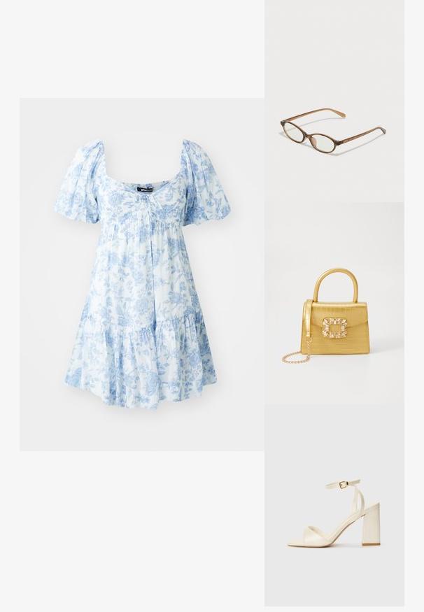 Vestido com estampado floral em azul claro e branco, apresentando mangas bufantes, decote quadrado, parte inferior em camadas e detalhe de cordão na frente.; Sandálias de salto alto de cor creme, com bico aberto, salto bloco largo, tira fina no tornozelo e um acabamento ligeiramente brilhante. Detalhe de fivela na tira.; Óculos tortoiseshell castanhos com lentes ovais, hastes finas e acabamentos transparentes. Apresenta um logótipo subtil na têmpora. Design elegante e leve.; Bolsa amarela em pele de crocodilo falsa, com um design estruturado, pega no topo, alça de corrente removível e decoração de cristal no fecho.
