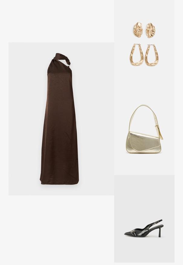 Rochie lungă, maro, fără mâneci, cu un singur bretele pe umăr. Prezintă o textură netedă și un design minimalist. Fără modele sau accesorii vizibile.; Pantofii slingback din piele lăcuită neagră, cu vârf ascuțit, bretele pentru gleznă cu catarame și accesorii din argint, și un toc subțire.; Geantă de umăr metalică aurie cu un design structurat, textură netedă și curea reglabilă. Prezintă o formă triangulară unică și cusături minimaliste.; Cercei aurii cu forme texturate și ondulate. Include studs sculpturale cu clip și un design de cerc deschis cu un finisaj cioplit.