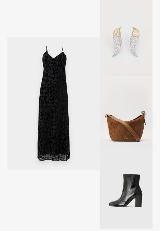 Čierne maxi šaty s tenkými ramienkami, vyrobené z priehľadnej textílie s zložitými kvetinovými vzormi po celom obvode a s výstrihom do V.; Čierna kožená kotníková obuv s hladkým povrchom, špicatou špičkou a masívnym vysokým podpätkom. Zdobená bočným otvorom a minimalistickým dizajnom.; Hnedá semišová kabelka na rameno s embosovaným kvetinovým vzorom, doplnená hladkým hnedým koženým popruhom a zlatými kovovými doplnkami.; Dvoje náušníc v tvare krídel, vyrobené zo strieborného kovu s čírymi, okrúhlo brúsenými kryštálmi a zlatými kovovými akcentmi v vrstvenom dizajne.