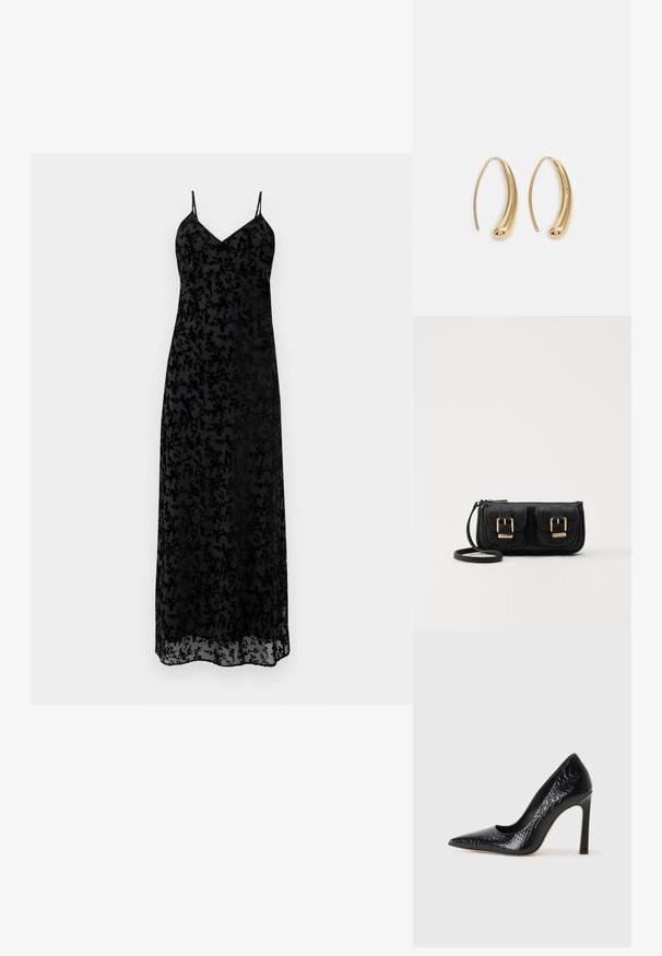 Schwarzes Maxikleid mit dünnen Spaghettiträgern, das aus transparenter Stoff mit filigranen Blumenmustern und einem V-Ausschnitt besteht.; Schwarzer, spitz zulaufender High Heel mit Krokodilleder-Struktur, elegantem Design, hohem Stiletto-Absatz und glattem schwarzen Innenraum.; Schwarze Leder-Umhängetasche mit zwei vorderen Taschen, goldenen Schnallen, Reißverschluss und einem schmalen Tragegurt. Texturierte Oberfläche und kompakte rechteckige Form.; Goldfarbene Metall-Hoops mit einer geschwungenen, länglichen Form. Sie verfügen über eine glatte, glänzende Oberfläche und eine abgerundete Spitze für zusätzliche Details.