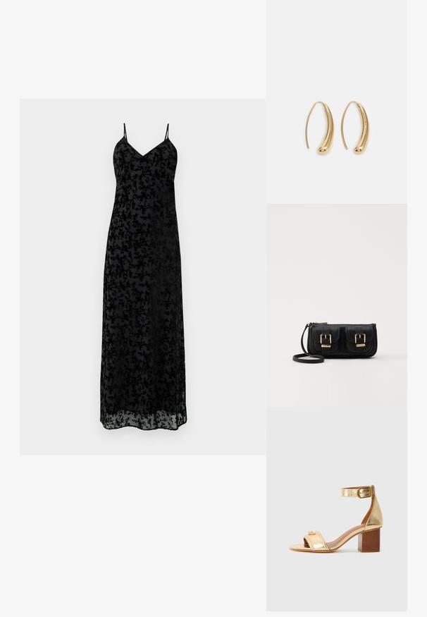 Črna maksi obleka s tankimi spaghetti naramnicami, ki ima prosojno tkanino z zapletenimi cvetličnimi vzorci po celotni površini in V-izrezom.; Zlate kovinske sandale na peto z širokim pasom čez prste, zapenjanjem okoli gležnja in blok peto. Gladka tekstura, minimalno okrašene.; Črna usnjena torbica čez ramo z dvema sprednjima žepoma, zlatimi zaponkami, zadrgo in ozkim pasom. Tekstura površine je strukturirana, obliko pa ima kompaktno pravokotno.; Zlato-tonirani kovinski uhani v obliki obroča s krivuljo in podolgovato obliko. Imajo gladko, sijočo površino in zaobljen vrh za dodaten detajl.