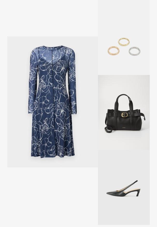 Tumesinine kleit pikade varrukatega, millel on valged lillemustrid. Valmistatud pehmest kangast, sellel on ümmargune kaelus ja laienev serv.; Must mustaga, terav varvas, madala kontsaga sildiga king, mis on valmistatud siledast nahast ja mille küljel on lõike disain hingavuse tagamiseks.; Must mustraga nahkakott, millel on struktureeritud disain, kaks ülemist kanda, kuldse tooni pandla aktsent ja esiküljel embosseeritud brändi logo.; Kolme metallist rõngast: üks roosa kuld, üks kuld tekstuursete aktsentidega ja üks hõbe, kõik sisepoolt graveeritud brändinguga.