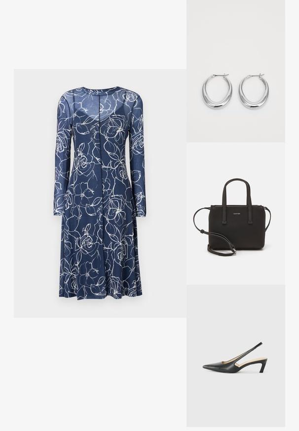 Námořnické modré šaty s dlouhými rukávy, se vzory bílých květin. Vyrobené z měkké tkaniny, mají kulatý výstřih a rozšířený lem.; Černý špičatý slingback s nízkým podpatkem, vyrobený z hladké kůže, s výřezem na boku pro lepší prodyšnost.; Černá kabelka s dvojitými krátkými uchy a odnímatelným ramenním popruhem. Hladký koženkový materiál s uzávěrem na zip a detailem loga.; Pár leštěných stříbrných půlměsíčních náušnic s kloubovými sponami na bílém pozadí.