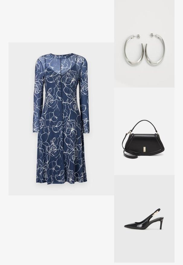 Mörkblå klänning med långa ärmar, prydd med vita blommönster. Tillverkad i mjukt tyg, har den en rund halsringning och en utsvängd fåll.; Svart läder slingback högklackad sko med spetsig tå, slät yta och en smal vristrem med detaljer i guld.; Svart läderhandväska med en strukturerad design, som har en avskuren form, ett handtag upptill och guldiga detaljer. Justerbar axelrem ingår.; Silverfärgade hoopsörhängen med en slät, böjd design. Har en glänsande metallisk yta och ett stiftlås. Inga synliga mönster eller detaljer.