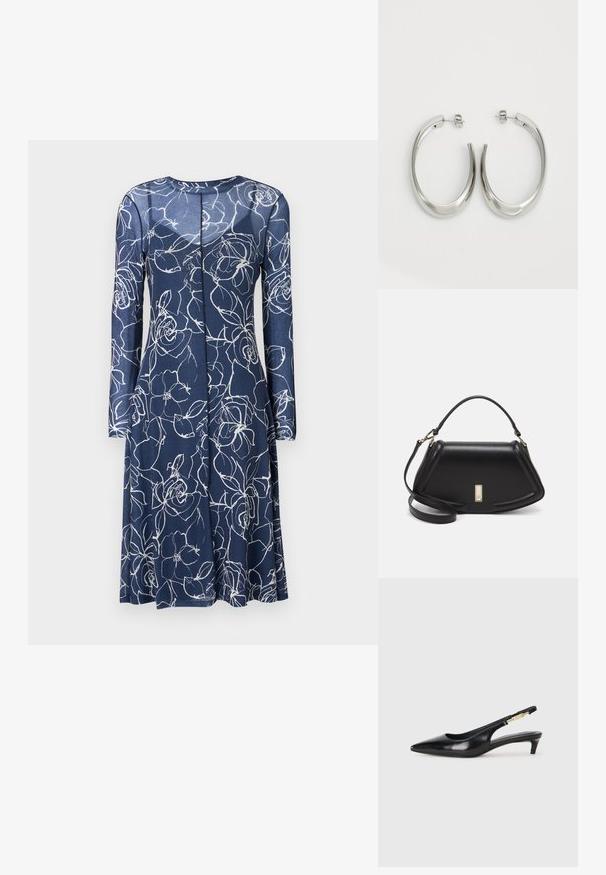 Rochie bleumarin cu mâneci lungi, având model floral alb. Confecționată dintr-un material moale, are un guler rotund și o fustă evazată.; Sandale slingback din piele neagră cu vârf ascuțit, având un toc subțire și un accent de culoare aurie pe curea ajustabilă. Textură netedă.; Geantă de umăr din piele neagră, cu un design structurat, având o formă tăiată, mânere superioare și accente din aur. Include o curea de umăr ajustabilă.; Cercei din argint, cu un design neted și curbat. Prezintă o finisare metalică strălucitoare și închidere cu stud. Fără modele sau accente vizibile.