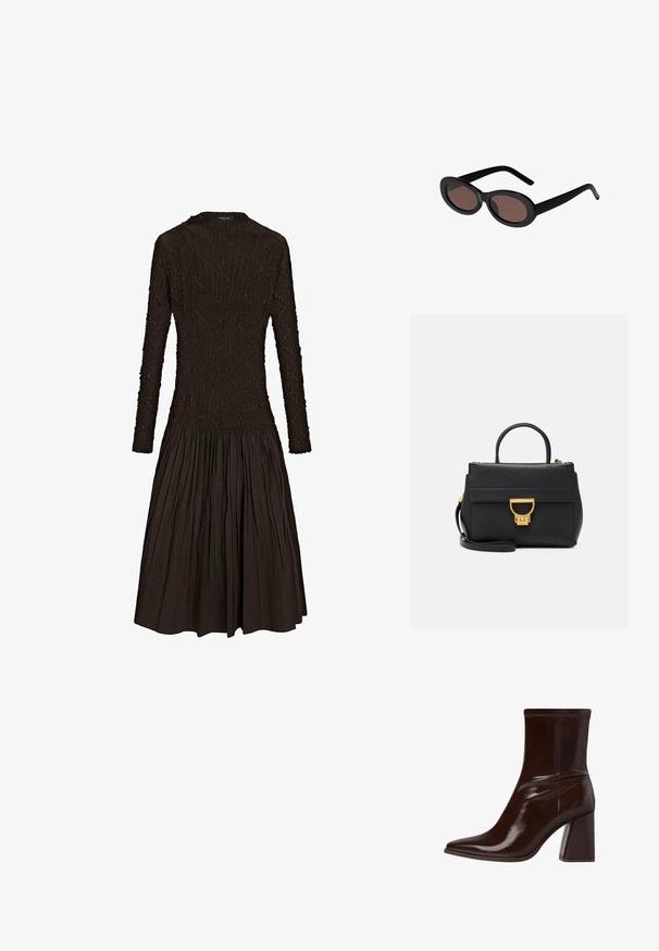 Langärmliges braunes Kleid mit einem strukturierten Oberteil und tailliertem Bund, das in einen plissierten, ausgestellten Rock übergeht. Rundhalsausschnitt, keine sichtbaren Beschläge.; Braune Lackleder-Stiefelette mit spitzem Zehenbereich, elastischem Knöchel und blockartigem Absatz. Elegantes Design mit glatter Textur.; Schwarze ovale Sonnenbrillen mit braun getönten Gläsern. Mit dicken Kunststoffrahmen und schlanken, geschwungenen Bügeln. Glatte Oberfläche über das gesamte Design.; Schwarze Lederhandtasche mit goldenen Beschlägen, strukturiertem Design, Oberhandgriff, abnehmbarem Schultergurt und einer Vorderklappe mit Schnappverschluss.