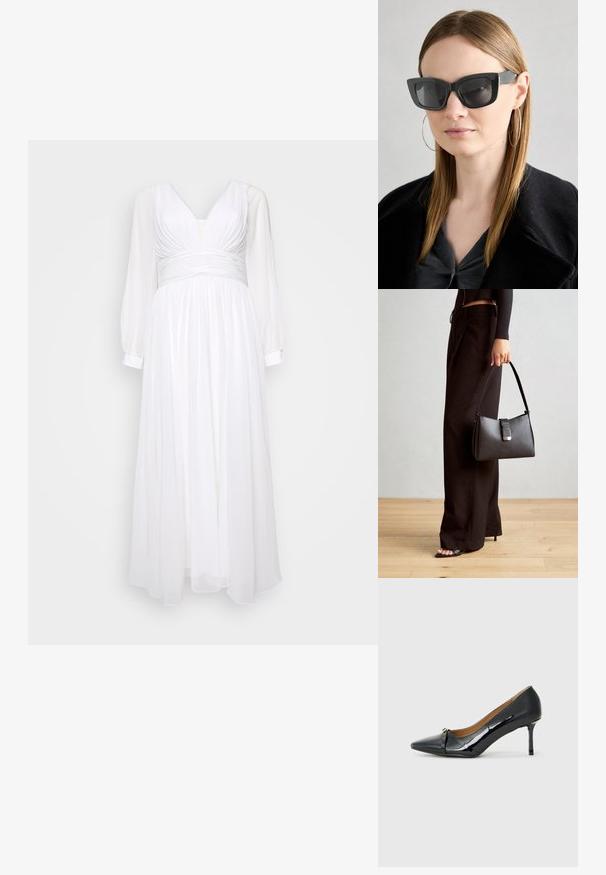 White maxi dress with a plunging neckline, pleated bodice, and long sheer sleeves. Flowing fabric with a fitted waist for a structured silhouette.; Black patent leather high-heeled shoe with a pointed toe, decorative strap detail at the front, and a thin stiletto heel.; Black cat-eye sunglasses with dark lenses, thick frames, and subtle accents. Worn with a black coat and gray top, featuring long straight hair.; Black handbag with structured shape, smooth texture, and a metallic clasp. Paired with wide black pants and open-toe sandals on wooden floor.