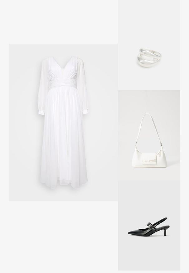 Weißes Maxikleid mit tiefem Ausschnitt, gefaltetem Oberteil und langen transparenten Ärmeln. Fließender Stoff mit tailliertem Schnitt für eine strukturierte Silhouette.; Schwarze Lackleder Slingback-Absätze mit spitzem Zeh und kleinem Blockabsatz, ausgestattet mit einem silbernen Schnallenakzent am Riemen.; Weiße synthetische Handtasche in dreieckiger Form, flache Vorderklappe und Schleifendetail, verstellbarer Trageriemen, glatte Textur und minimalistisches Design.; Silberner Doppelring mit einer glatten, polierten Oberfläche. Verfügt über ein fließendes, kurviges Design mit überlappenden Abschnitten für einen modernen Look.