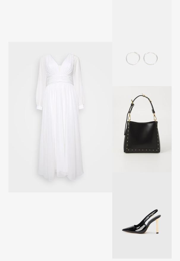 Fehér maxi ruha mély dekoltázzsal, redőzött melltartó résszel és hosszú áttetsző ujjal. Áramló anyag, amely szabott derékkal rendelkezik a strukturált sziluettért.; Fekete lakkbőr pántos magassarkú cipő hegyes orral és aranyszínű négyzet sarkú díszítéssel. Állítható bokapánttal rendelkezik.; Fekete bőrtáska jól definiált formával, arany szegecsekkel a széleken és levehető pánttal, arany kiegészítőkkel.; Ezüst karika fülbevalók, letisztult, kerek formával, sima felülettel és látható díszítés nélkül. A átmérő nem megadott.