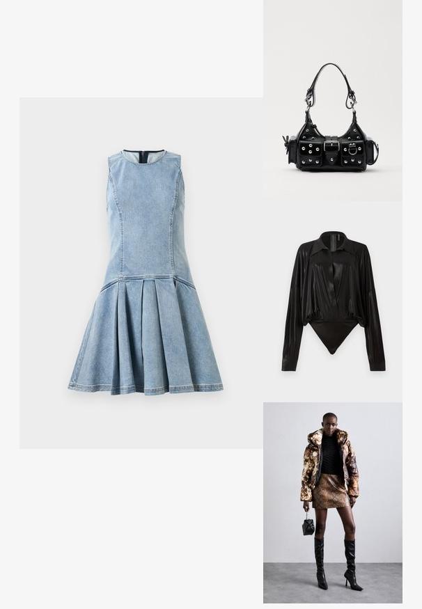 Tirkīzā zila bez piedurknēm šuvīga džinsa kleita ar pieguļošu krūšu daļu un izpletu plisētu svārku, apaļu kakla izgriezumu un redzamu aizmugures rāvējslēdzēju.; Melnā bodijakā ar garām piedurknēm, V-veida kaklu un pieguļošu siluetu. Izgatavots no spīdīga, gluda auduma ar strukturētu apkakli un aprocēm.; Puffa jaka ar brūnu un melnu rakstu, kombinēta ar brūnu čūskas raksta mini svārkiem, melniem līdz ceļgala zābakiem un mazu melnu somiņu.; Melnas ādas rokturmais ar izliekumu, ar sudraba iedurtiem, sprādzi un divām sānu kabatām. Regulējams siksniņas garums dažādām nēsāšanas iespējām.