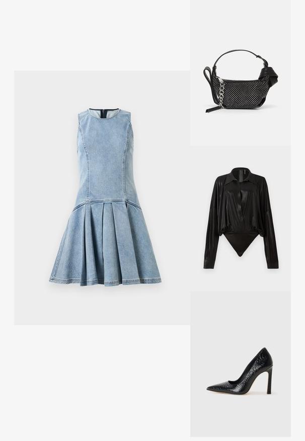 Haljina bez rukava od svijetloplavog trapera s pripijenim tijelom i lepršavom suknjom s plisiranim detaljima, okruglim izrezom i vidljivim patentnim zatvaračem na leđa.; Crni bodi s dugim rukavima, V-izrezom i prilagođenim siluetom. Izrađen od sjajnog, glatkog materijala s strukturiranim ovratnikom i manžetama.; Crne visoke potpetice s oštrim prstima, od teksture krokodilske kože, elegantnog dizajna, visoke stiletto potpetice i glatkog crnog unutrašnjosti.; Crna torbica s ukrasima od studenaca, lančanim remenom i glatkom kožnom drškom, zaobljenog oblika i zatvorenim odjeljkom na zip.