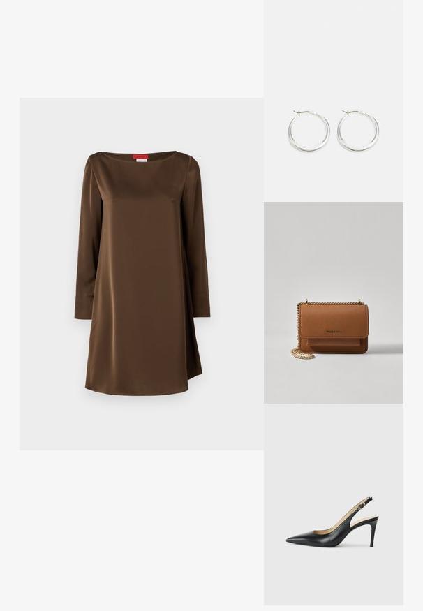 Braunes Satin-Kleid mit langen Ärmeln und einem U-Boot-Ausschnitt, gerader Schnitt und glatter Textur, mit einem subtilen Glanz und minimalistischen Design.; Schwarze Leder-Slingback-High-Heels mit spitzem Zehenbereich, verstellbarem Riemen und schlankem Stiletto-Absatz, ausgestattet mit einer glatten Oberfläche.; Braune strukturierte Ledertasche mit goldener Kettenriemen und Klappenverschluss. Die Vorderseite zeigt ein Logo-Detail und eine Tasche unter der Klappe.; Silberne Creolen zeichnen sich durch ein glattes, rundes Design mit einem schlanken Profil und einem sicheren Verschluss aus. Minimalistischer Stil mit glänzender Oberfläche.