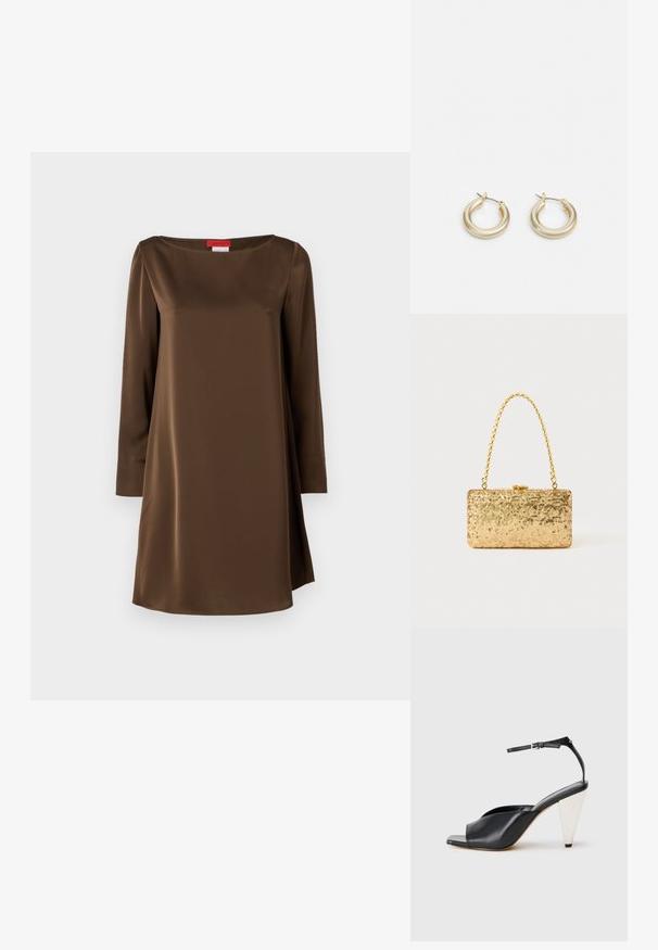 Brun sateng langermet kjole med båtutringning, rett snitt og glatt tekstur, med en subtil glans og minimalistisk design.; Svart lær høyhælte sandaler med åpen tå, asymmetrisk design, ankelstropp og en metallisk kjegleformet hæl. Glatt tekstur hele veien.; Gullfarget paljetter clutch med rektangulær form, utstyrt med en tvunnet kjedehåndtak og en metallspenne, som reflekterer lys med en teksturert overflate.; Lauren Ralph Lauren BASIC SMALL HOOP - Øredobber - gold-coloured