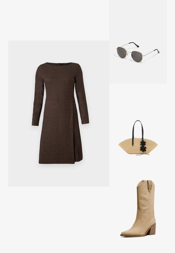 Hnedé dlhé rukávy šaty s textúrovanou tkaninou, priliehajúce na trup, rozširujúce sa na sukni, s uzáverom na zips na zadnej strane.; Bershka HIGH-HEEL - Kovbojské/motorkárske čižmy - beige; Okuliare so zaoblenými sklíčkami s tmavými šošovkami, tenkým zlatým kovovým rámom, plastovými koncami straníc a nastaviteľnými nosnými podložkami. Minimalistický dizajn s klasickým vzhľadom.; Slamená kabelka s širokým, ventilátorovým dizajnom, čiernymi koženými rukoväťami a čiernymi kvetinovými detailmi na jednej strane.